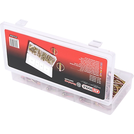 Kunststoffbox mit Splinten. Deckel teilweise geöffnet, darunter weitere Splinte.